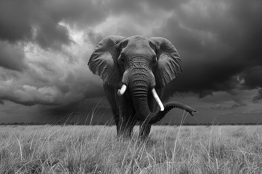 Nature Photograph - Majestic elephant in black and white, striding across the savannah under a dramatic sky. by David Mohn