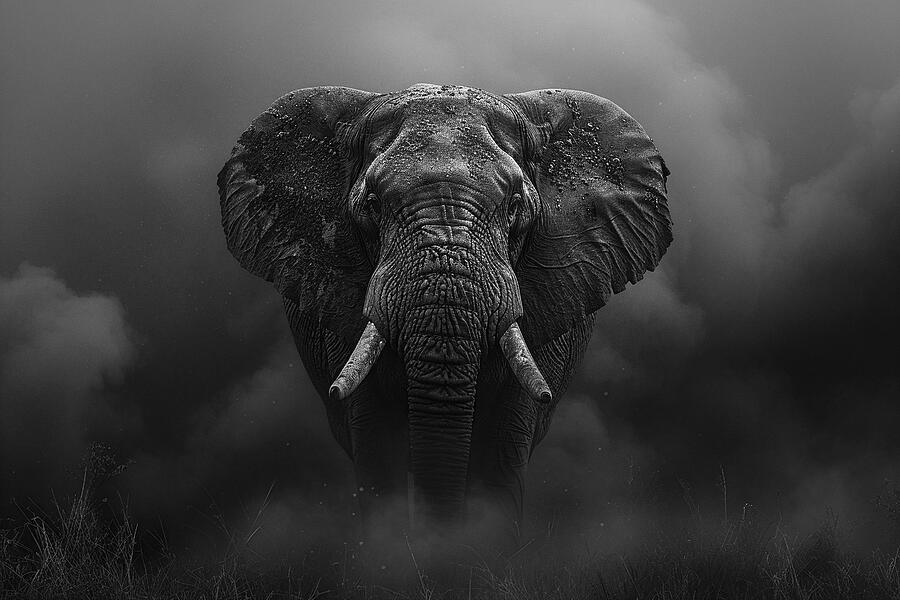 Wildlife Photograph - Majestic elephant in monochrome with dramatic lighting against a dark, moody background. by David Mohn