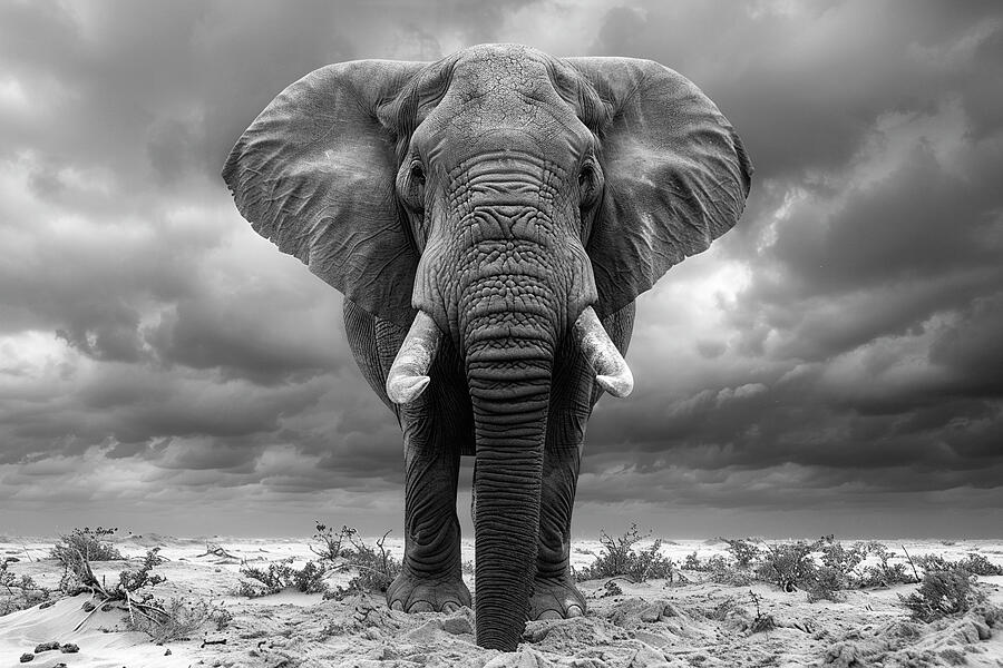 Wildlife Photograph - Majestic elephant standing under a stormy sky in monochrome, showcasing wildlife and the power of nature. by David Mohn