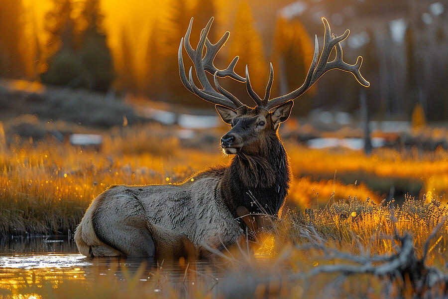 Deer Photograph - Majestic elk with impressive antlers in a golden lit wetland at dusk. by David Mohn