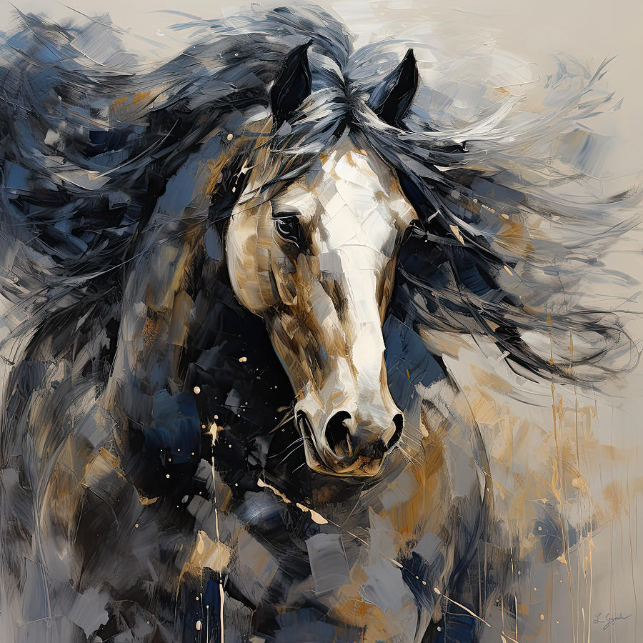 Majestic Equine - Indigo and Gold Art Painting by Lourry Legarde