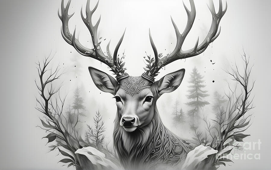Deer Digital Art - Majestic monochrome deer with intricate antlers by Sen Tinel