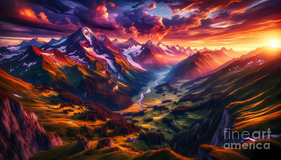 Mountain Digital Art - Majestic Mountain Landscape, A panoramic view of the Alps during sunset with vibrant colors by Jeff Creation