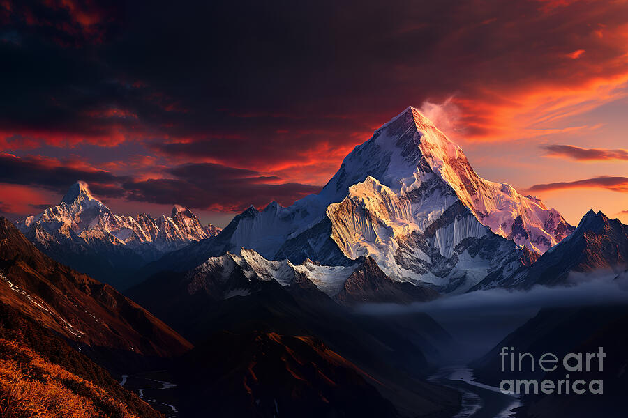 Sunset Digital Art - Majestic mountain peaks are bathed in the warm glow of a sunset by Odon Czintos