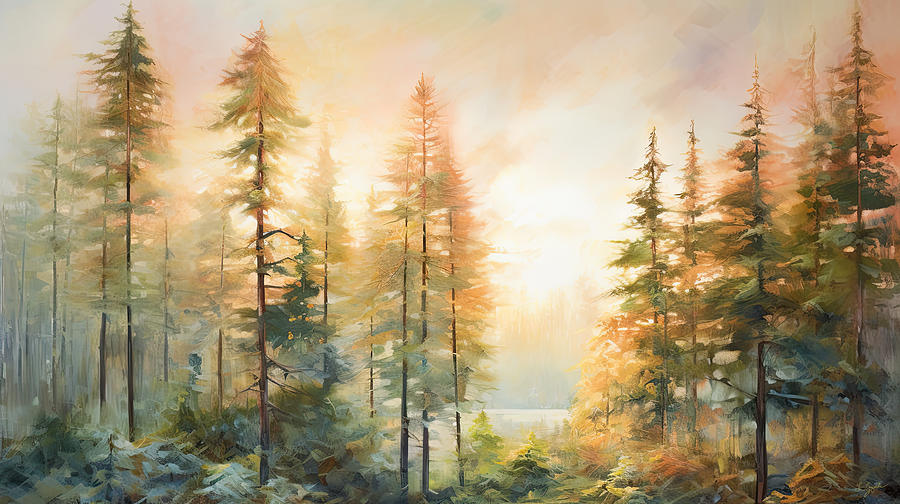 Majestic Pines at Sunset Painting by Lourry Legarde