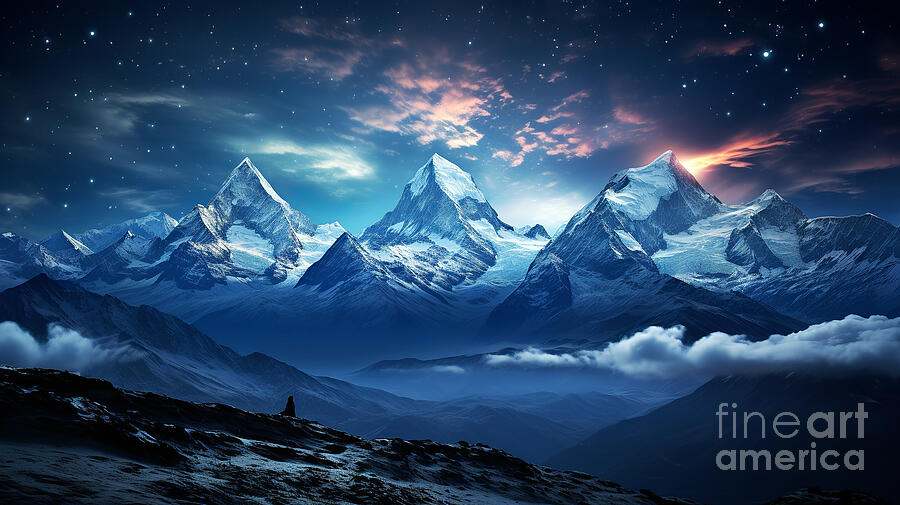 Mountain Digital Art - Majestic snow capped mountains dominate the landscape under a starry twilight sky. by Odon Czintos