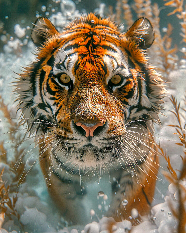 Wildlife Photograph - Majestic tiger face close-up with intense gaze, surrounded by snowflakes, capturing the essence of wild beauty in a winter setting. by David Mohn