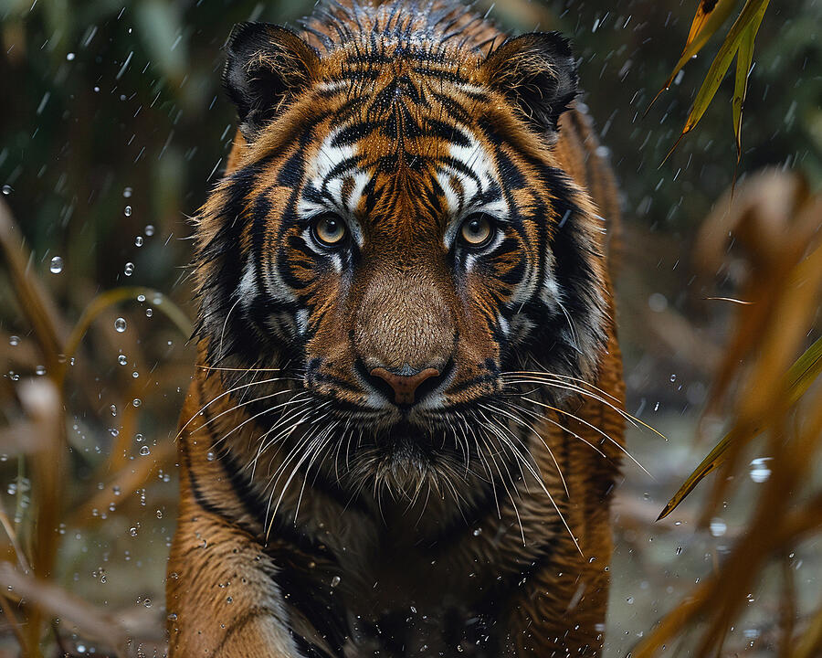 Wildlife Photograph - Majestic tiger facing forward with intense gaze amid raindrops, surrounded by natural foliage. by David Mohn