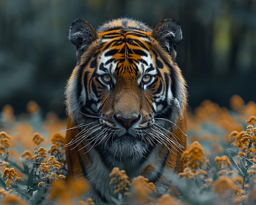 Wildlife Photograph - Majestic tiger gazing forward amidst vibrant orange flowers with a dark, moody forest backdrop. by David Mohn