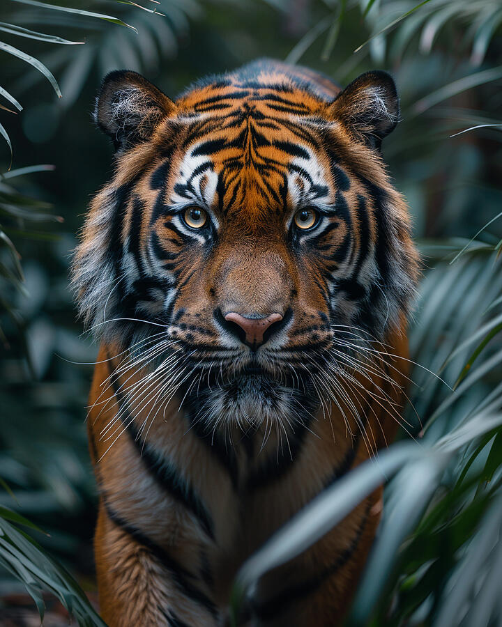 Wildlife Photograph - Majestic tiger peering through lush green foliage, with intense gaze and striking orange and black stripes. by David Mohn