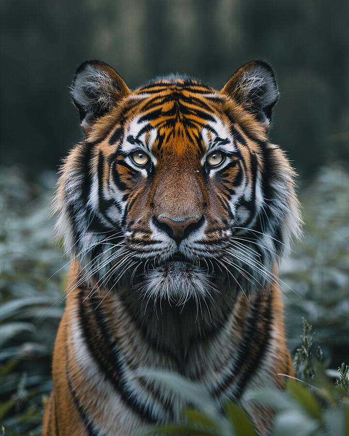 Wildlife Photograph - Majestic tiger portrait with intense gaze, set against a blurred green foliage background. by David Mohn