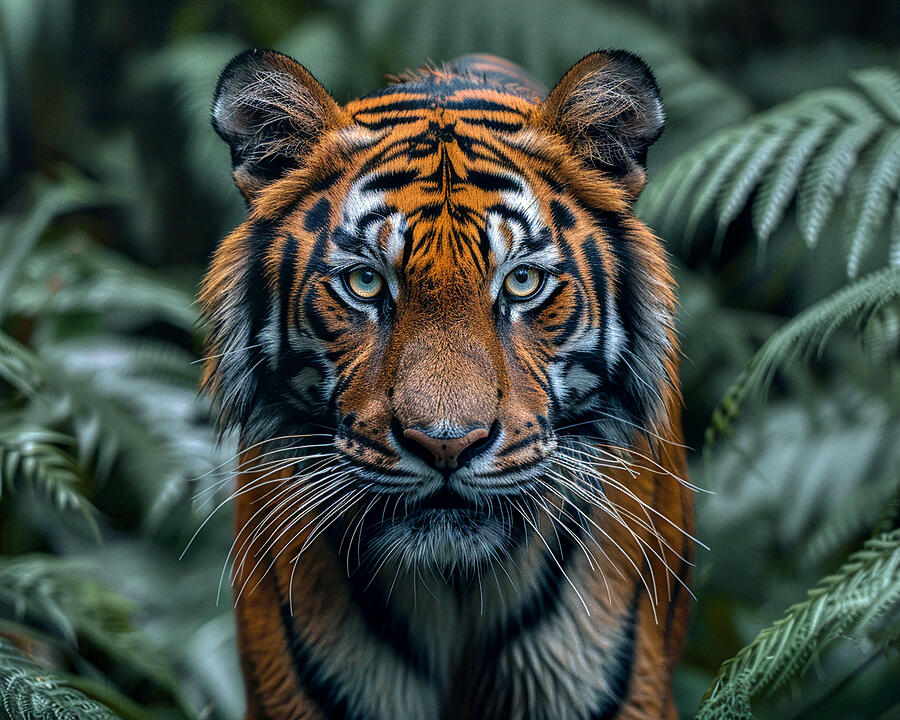 Wildlife Photograph - Majestic tiger staring intently, surrounded by lush green foliage. by David Mohn