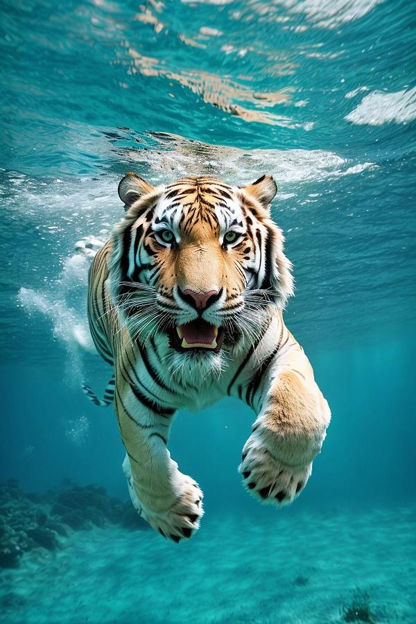 Majestic Tiger Swimming Across a River Underwater Digital Art by Helena ...