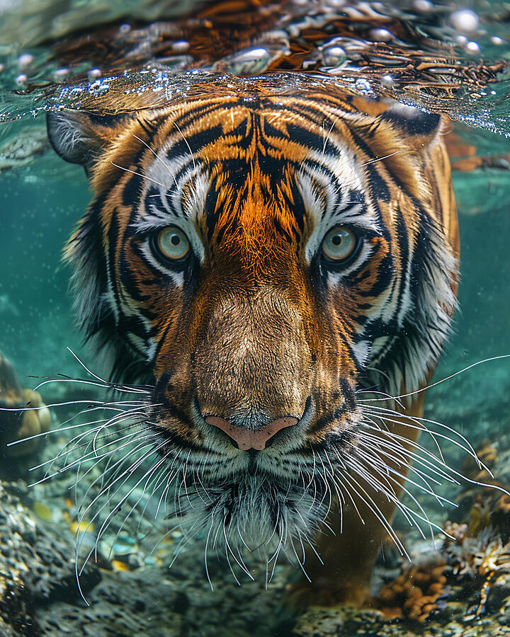Wildlife Photograph - Majestic tiger swimming, with intense gaze, half-submerged in water, showcasing vibrant orange and black stripes. by David Mohn