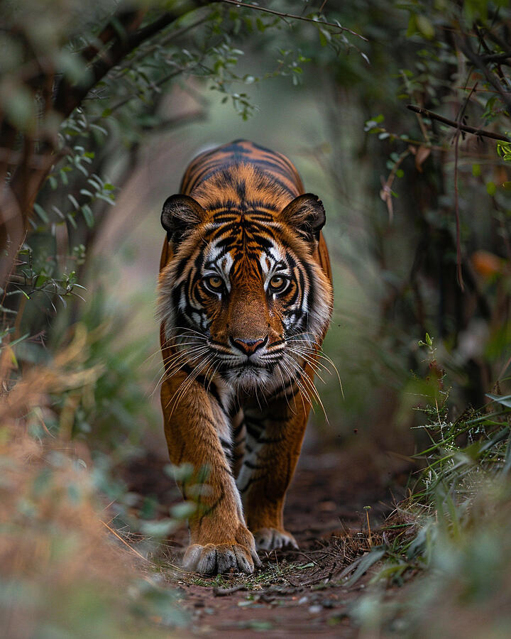 Wildlife Photograph - Majestic tiger walking through a forest, intense gaze, with lush green foliage in the background. by David Mohn