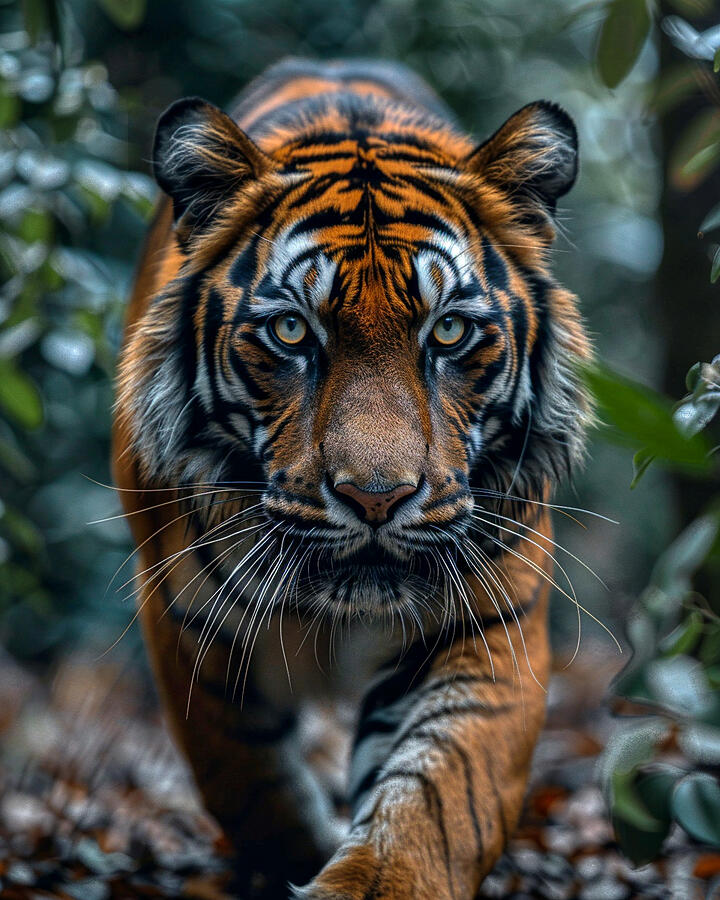 Wildlife Photograph - Majestic tiger walking through foliage with intense gaze, vibrant orange and black stripes, and lush green background. by David Mohn