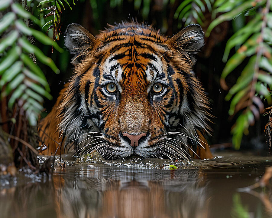 Wildlife Photograph - Majestic tiger with intense gaze, camouflaged in water among lush green foliage. by David Mohn
