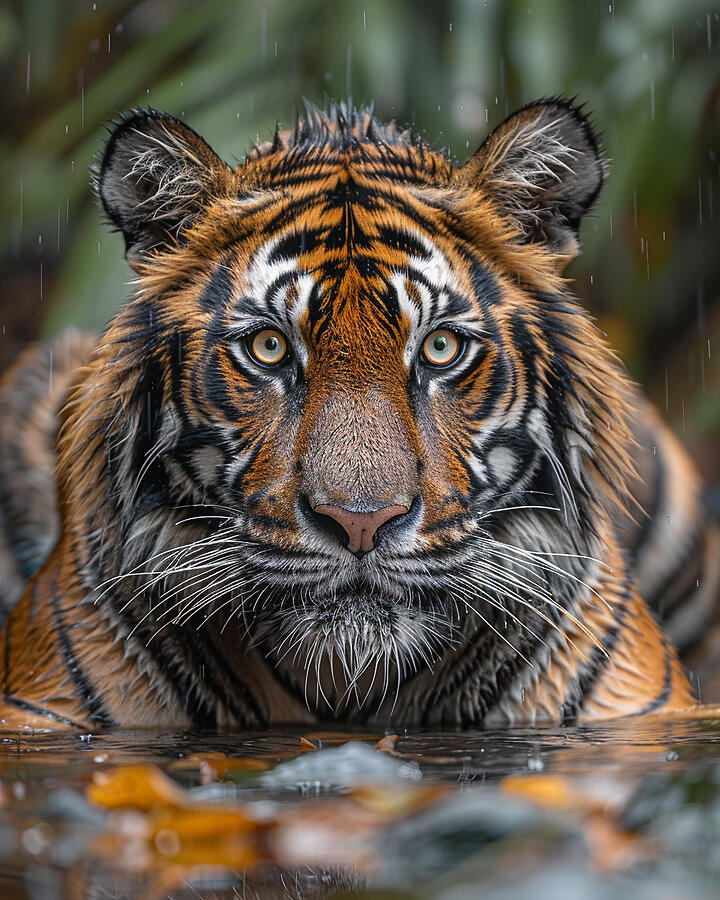 Wildlife Photograph - Majestic tiger with striking orange and black stripes, gazing intently, partially submerged in water with rain droplets visible. by David Mohn