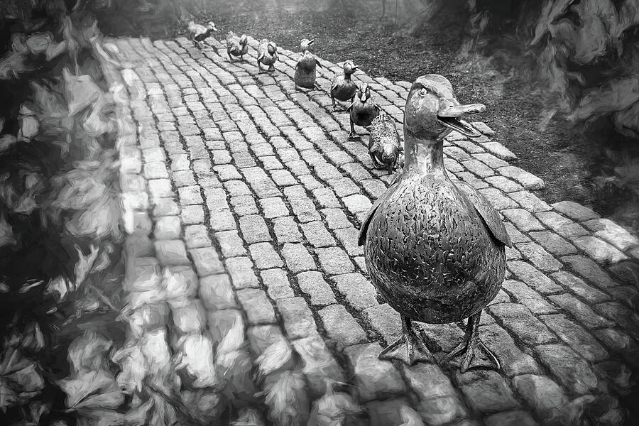 Make Way For Ducklings Boston Public Garden Black and White  Photograph by Carol Japp