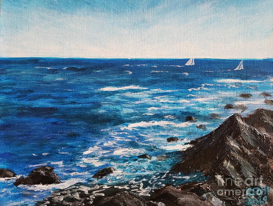 Making Waves by the Cliff Walk, Newport, Rhode Island Painting by C E Dill