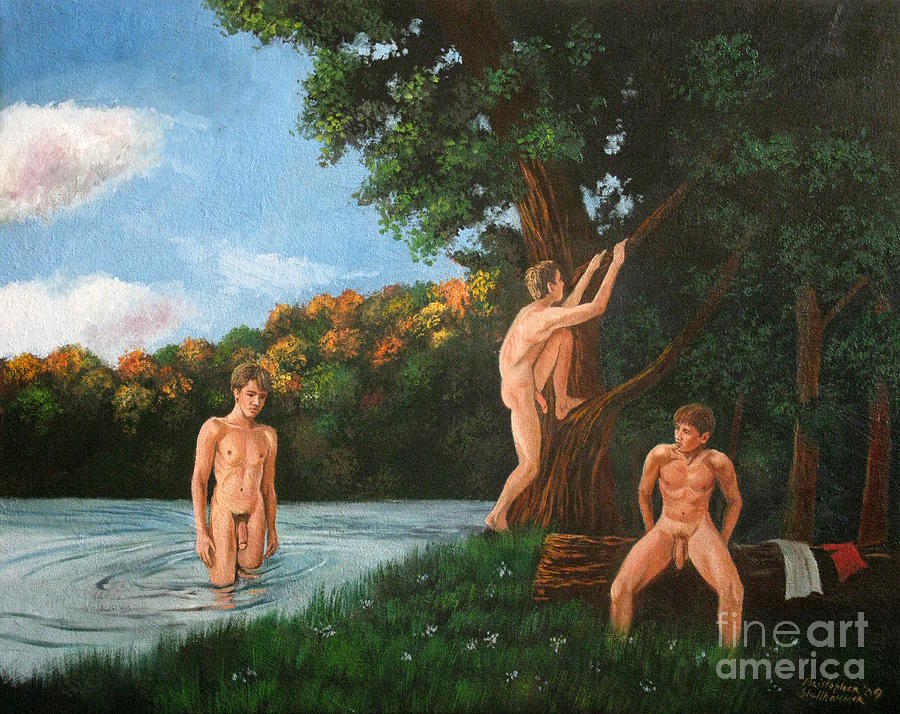 Male Bathers Late Summer Swim Painting By Christopher Shellhammer Pixels