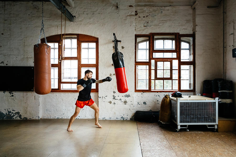 Male boxer training on sandbag in a gym Photograph by Tom Werner