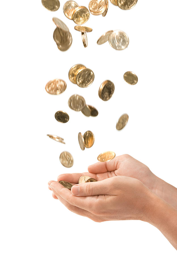 Male Cupped Hands Catching Falling Gold Coins Isolated on White Photograph by Ryasick