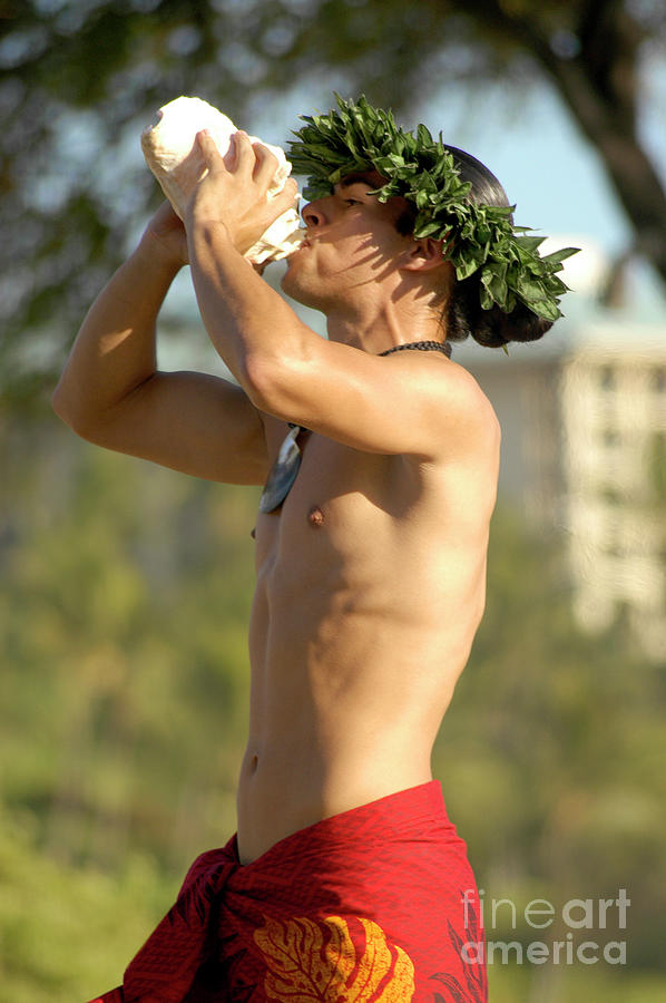 Male Hawaiian Dancer blows a conch shell   Photograph by Gunther Allen