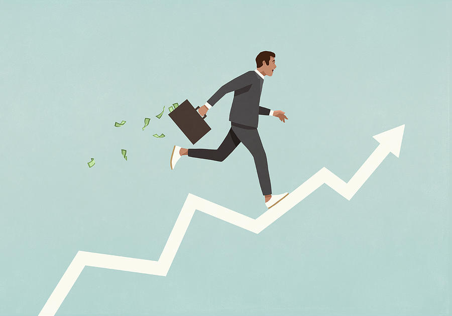 Male investor with briefcase full of money running up ascending arrow Drawing by Malte Mueller