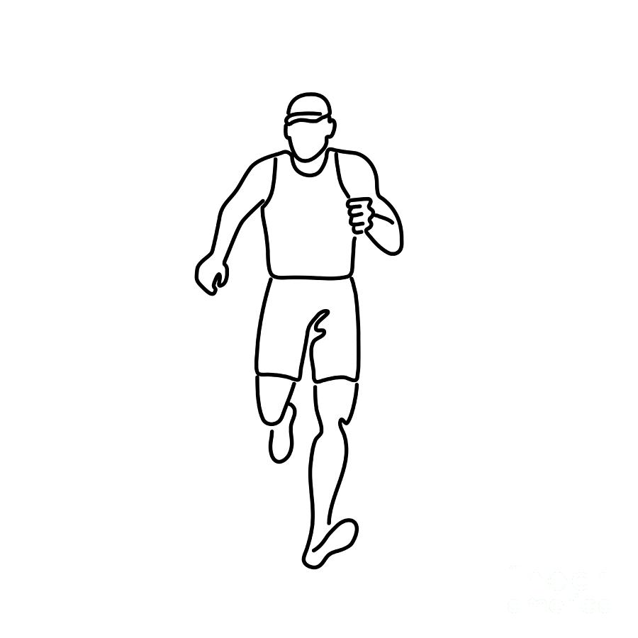 Male Marathon Runner Running Front View Line Drawing Black and White