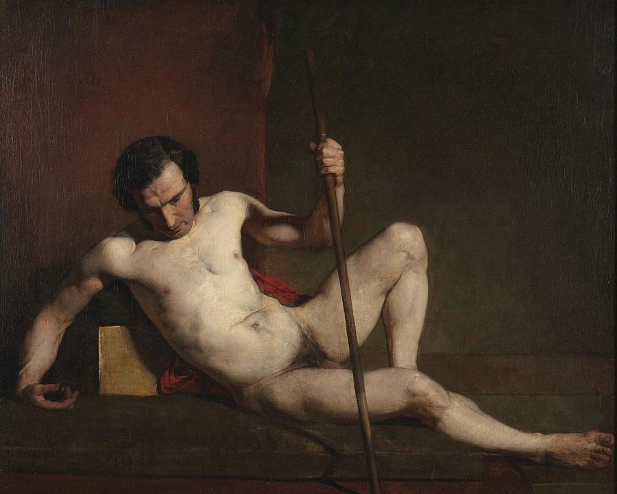 William Etty Drawing - Male Nude Leaning on Staff by William Etty English