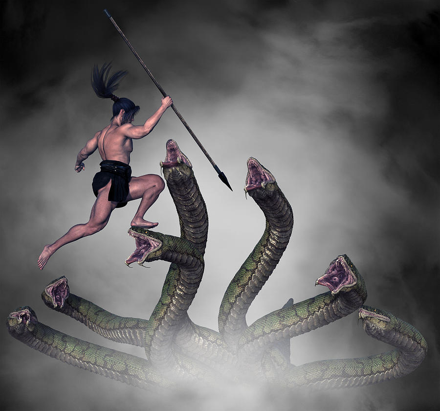Male Warrior Against Hydra Fantasy 1 Digital Art