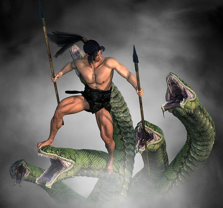 Male Warrior Against Hydra Fantasy 3 Digital Art