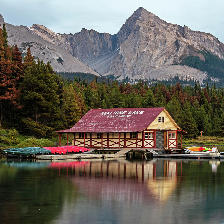 Maligne Lake Boat House and Mountain Jasper National Park Albert Canada Canadian Rockies Mountain Sq Photograph by Toby McGuire