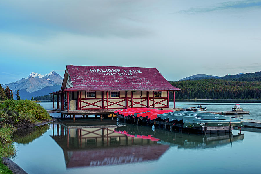Maligne Lake Boat House and Mountain Jasper National Park Albert Canada Canadian Rockies Reflection Photograph by Toby McGuire