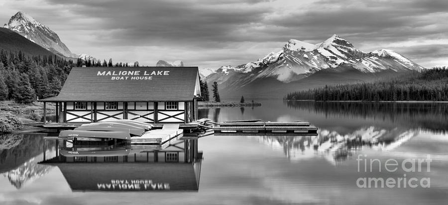 Maligne Lake Fiery Mountain Reflections Panorama Black And White Photograph by Adam Jewell