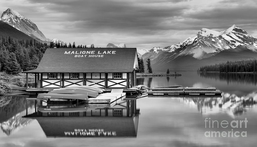 Maligne Lake Summer Sunset Mirror Black And White Photograph by Adam Jewell