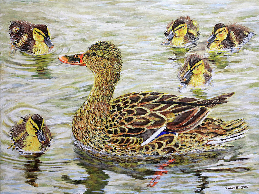 Mallard Hen and Ducklings Painting by Karl Wagner