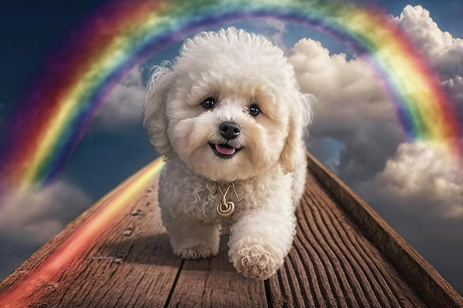 Maltipoo Puppy Crossing Over the Rainbow Bridge in Heaven Digital Art by Jim Vallee