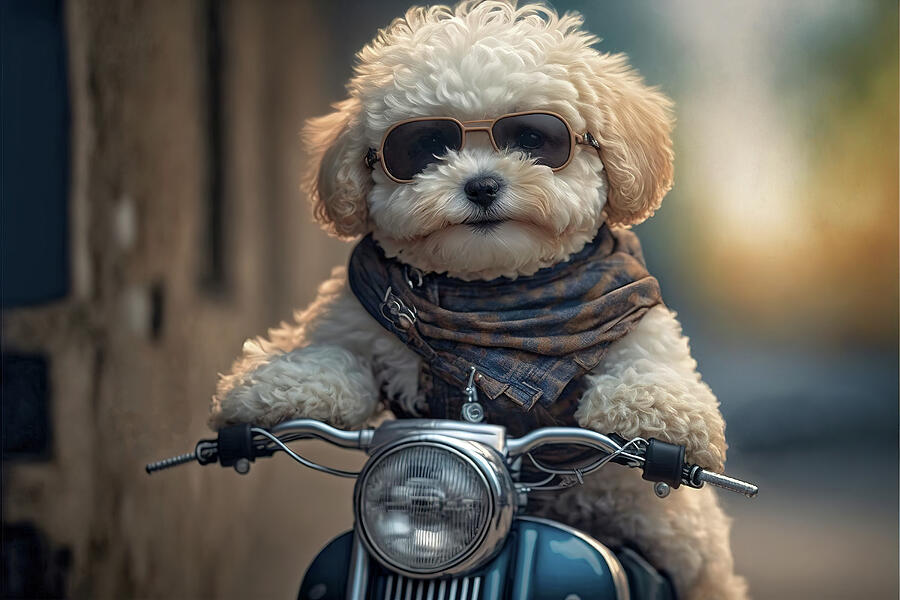 Maltipoo Puppy With Sunglasses Riding a Motorcycle Digital Art by Jim Vallee