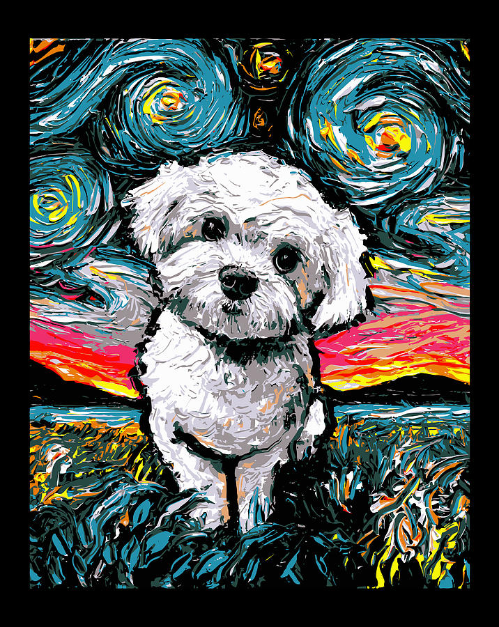 Maltipoo Starry Night White Maltese Poodle Dog Art By Aja Drawing by