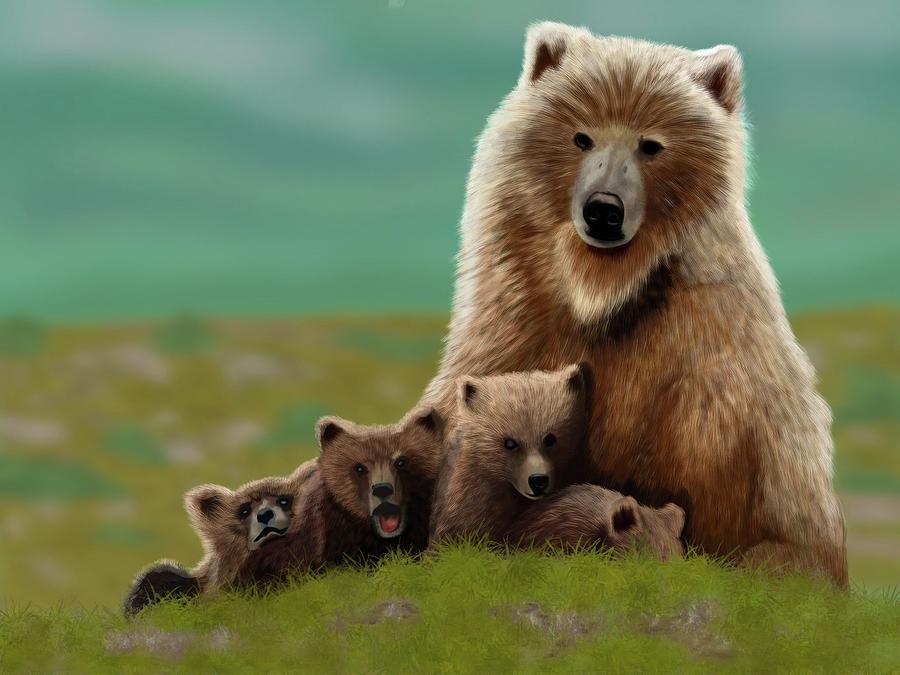 Grizzly Bear Digital Art - Mama Bear and Cubs by Stacey Purdy