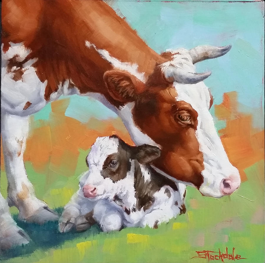 Mama Cow And Calf Painting by Margaret Stockdale