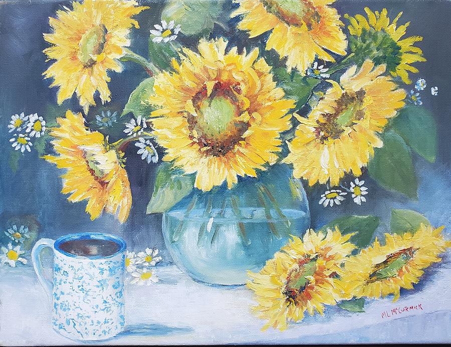 Mamas Cup with Sunflowers Painting by ML McCormick