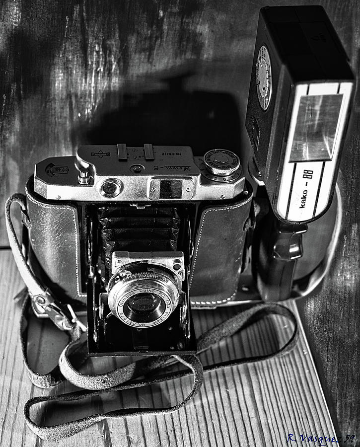 Mamiya 6 1940s Crossover Camera Case and Flash BW Photograph by Rene Vasquez