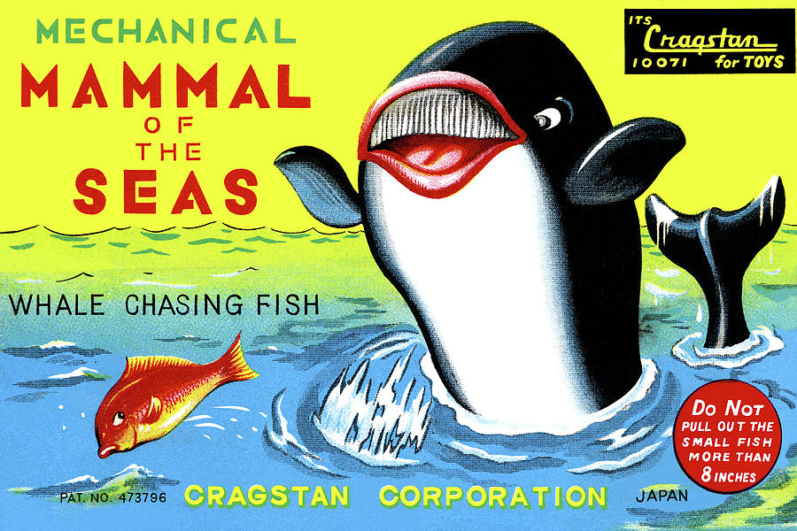 Vintage Drawing - Mammal of the Seas, Whale Chasing Fish by Vintage Toy Posters