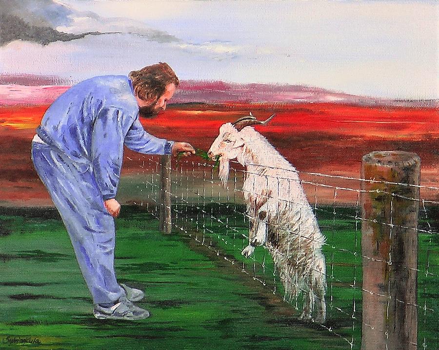 Man and a Goat Painting by Sylvia Kula