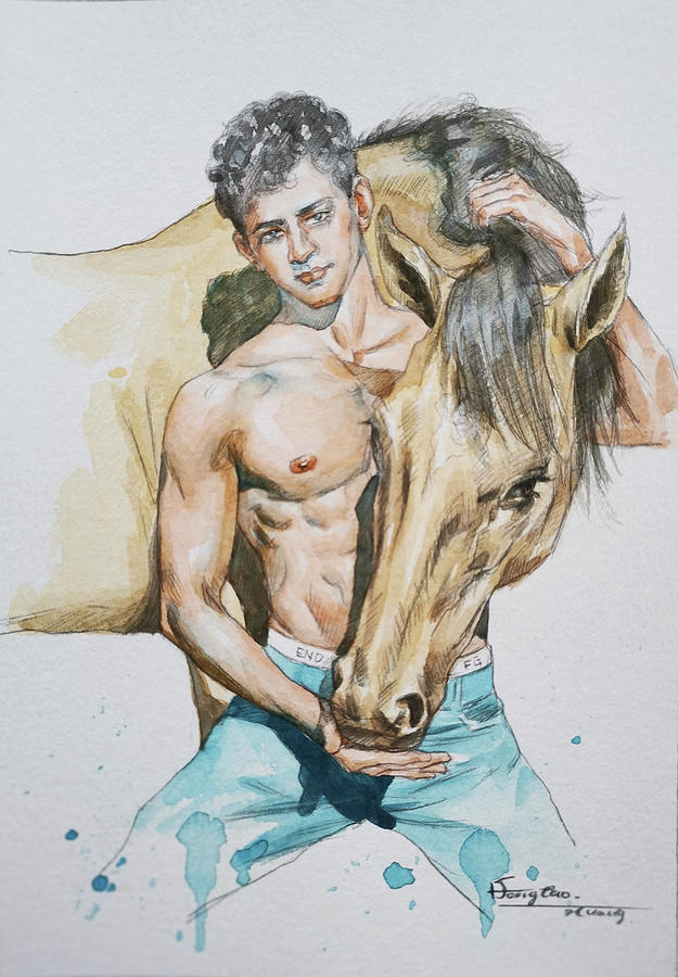Man  And Horse#20325 Drawing by Hongtao Huang