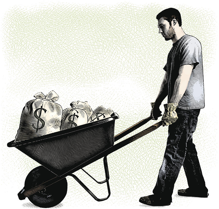 Man And Wheelbarrow Filled With Money Bags Drawing by GeorgePeters