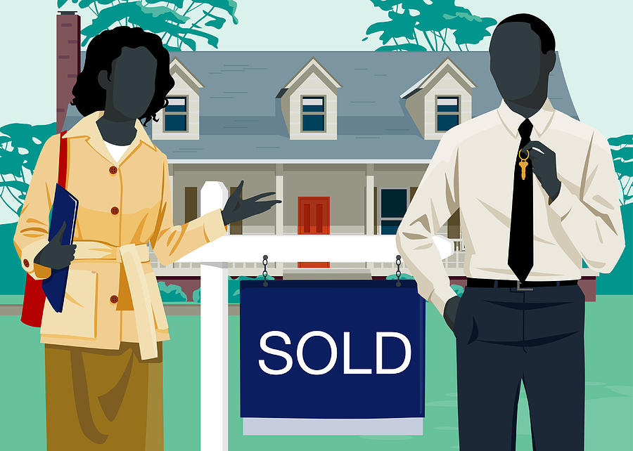 Man and woman beside sold sign in front of house Drawing by Greg Paprocki